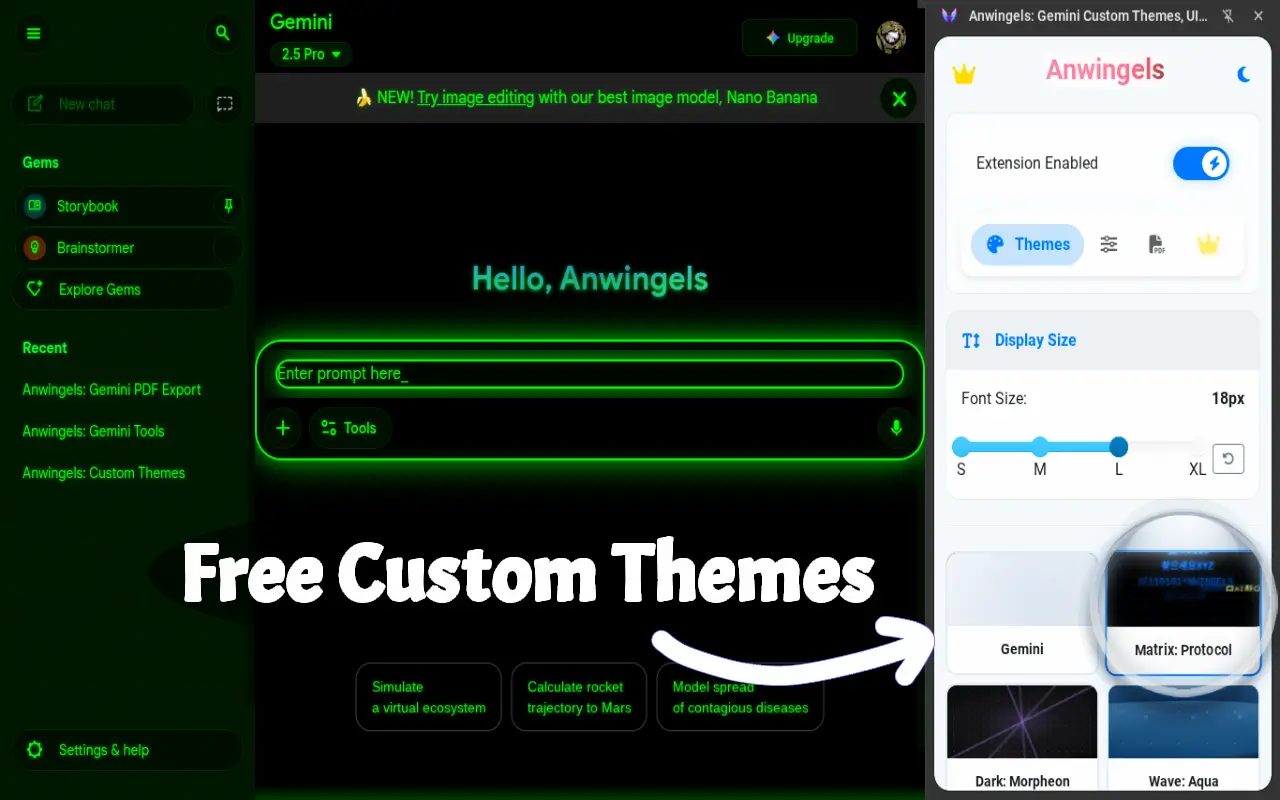Adjusting text size and testing free themes in Gemini