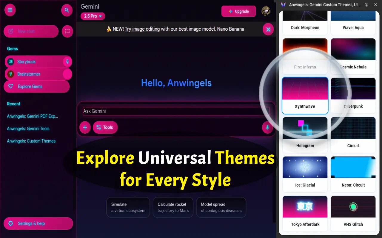 Grid of animated UI skins and dark themes for Google Gemini