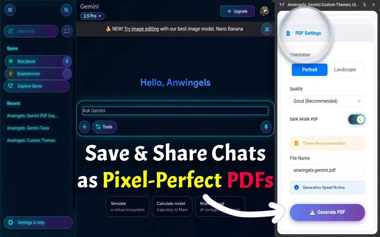 Settings menu to save Gemini conversation as PDF