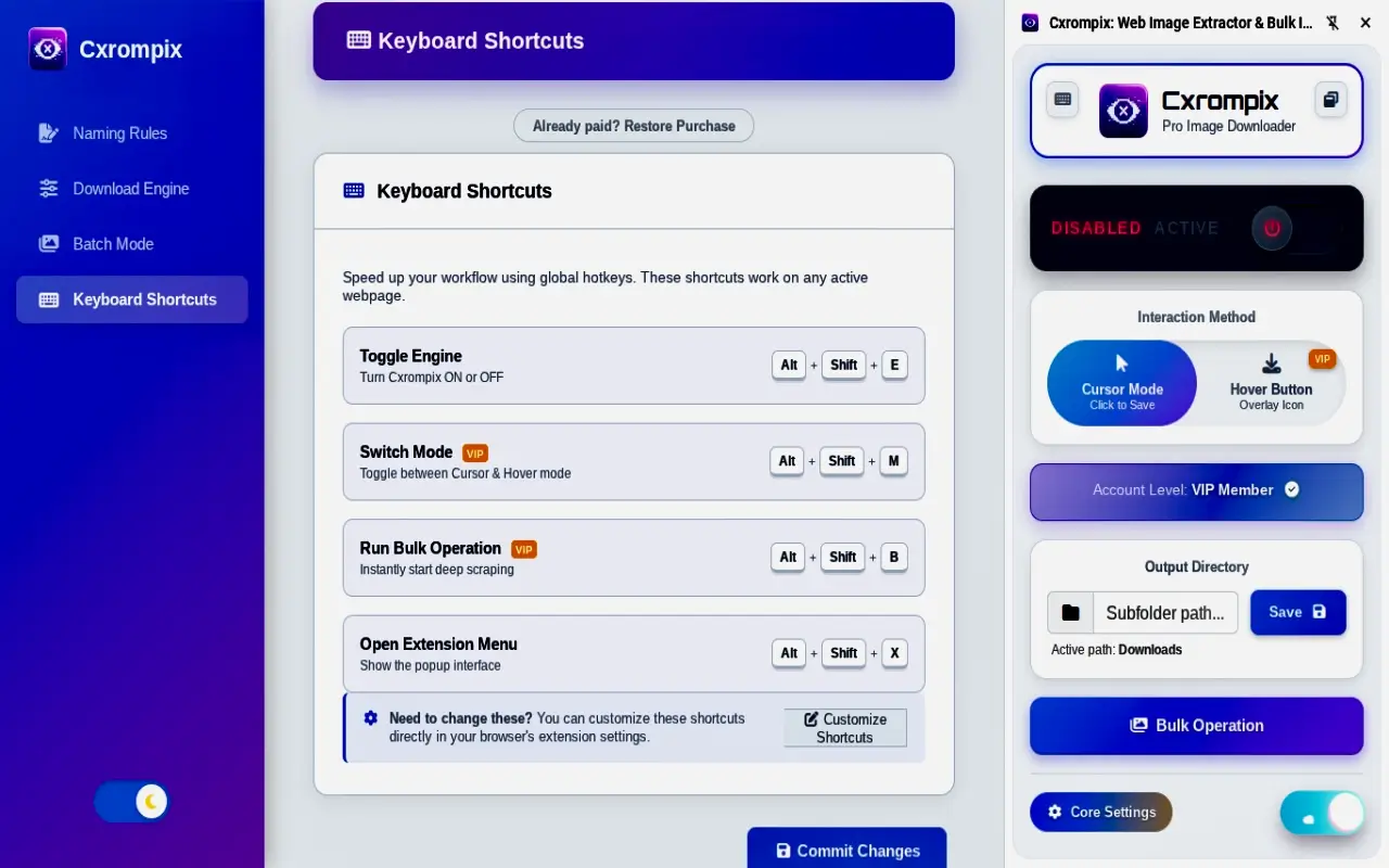 Advanced preferences dashboard with global keyboard shortcuts